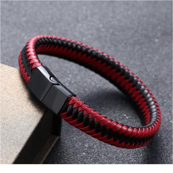 

zoshi punk men jewelry black red braided leather bracelet stainless steel magnetic clasp fashion bangles wrap sqckfh, Golden;silver