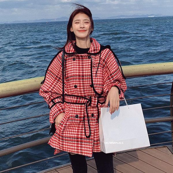 

women's wool & blends 2021 autumn winter loose fit red plaid belt hooded thick woolen coat parkas long sleeve women fashion tide, Black