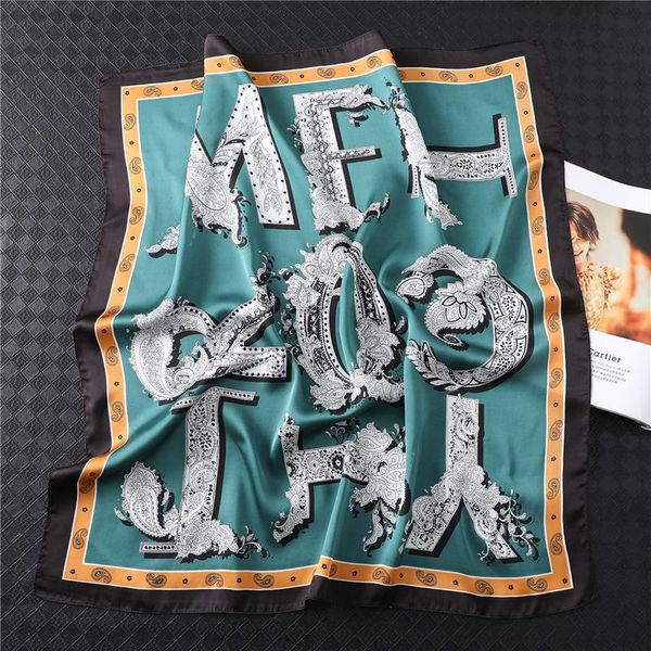 

2021 silk neck scarf for hair lady 70cm square foulard bandana head kerchief shawl wraps female hairband bag tie, Blue;gray