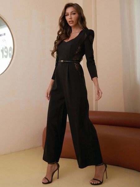 

sweetheart neck lace panel belted jumpsuit r7fw#, White