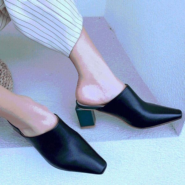 

karin 2020 brand new square high heels summer genuine leather skin shoes women mules slipper pumps, Black