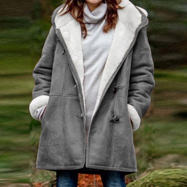 

autumn and winter large size loose long coat winter plus size solid plus velvet coat long sleeve horn buckle pocket overcoat, Black;brown