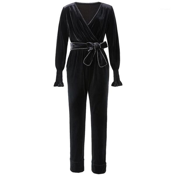 

perhaps u black v neck full sleeve velour velvet sash jumpsuits elegant party long sleeve fall autumn women j00281, Black;white