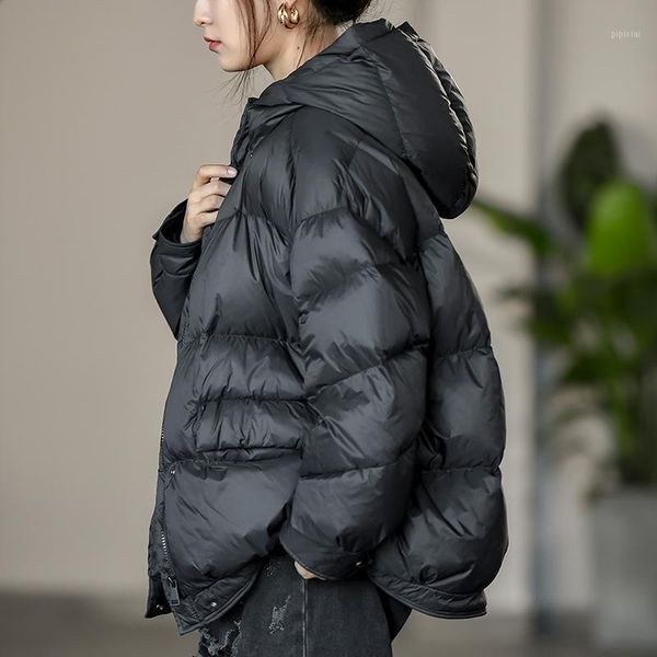 

winter new literary style ladies down jacket 2021 casual hooded white duck down jacket women lightweight female1, Black
