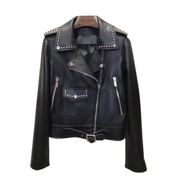 

casacos masculino women's coat spring and autumn 2020 real sheepskin coats leather jacket heavy rivet mujeres abrigos, Black
