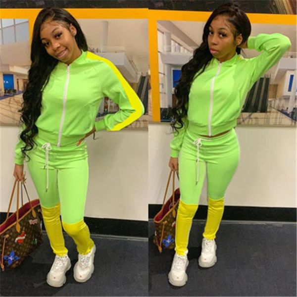 

womens fluorescent green 2pcs sets fashion trend long sleeve zipper pant sport suits designer female spring new casual loose tracksuits, Gray