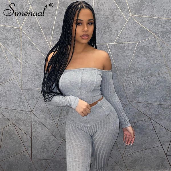 

simenual off shoulder ribbed bodycon casual matching sets women long sleeve autumn grey crop and pants two piece outfit 201007, White
