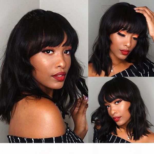 

glueless short wave with bangs lace front and full lace wig brazilian human hair wigs with baby hair natural color for black women, Black;brown