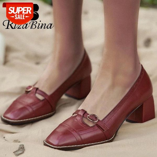 

rizabina real leather square heel pumps woman office ladies slip on retro basic pumps footwear size 33-40 #294v