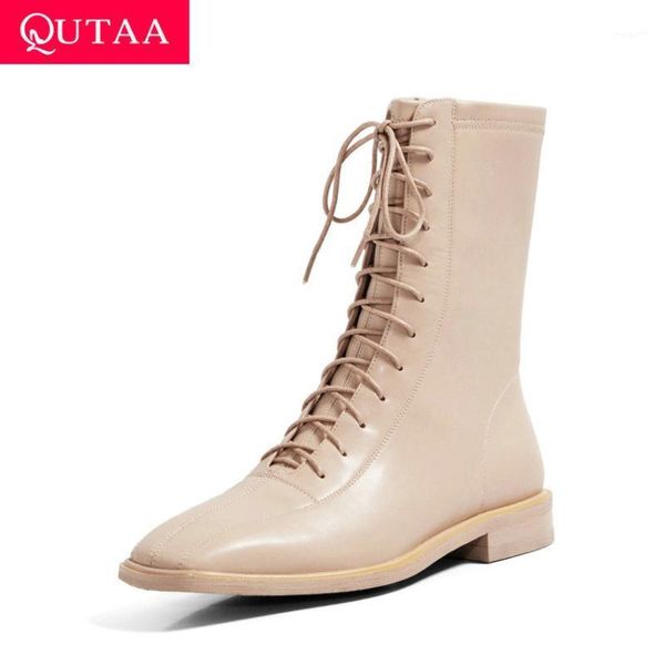 

boots qutaa 2021 square toe casual short autumn winter lace up zipper women shoes pu leather heel ankle size 34-391, Black