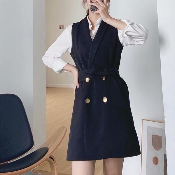 

kumsvag 2020 autumn women casual vest coats sleeveless double breasted sashes bow tie female elegant waistcoat colete feminino1, Black;white