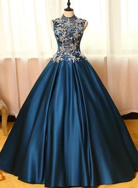 Designer Sheer Tulle Tule Alto Neck Applique Bodice Keyhole Back Assoalho Comprimento Marinho Azul Prom Vestido de Prom Pequetão Vestido Atacado