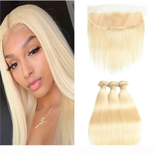 

bleach blonde russian human hair lace frontal closure 13x4 with weaves #613 blonde virgin human hair wefts 3bundles with frontal 4pcs lot, Black;brown