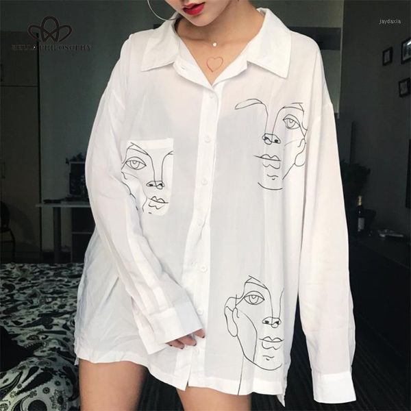 

herstory 2020 summer women shirt casual print clothing for couple blouse loose cartoon printed turn-down collar1, White