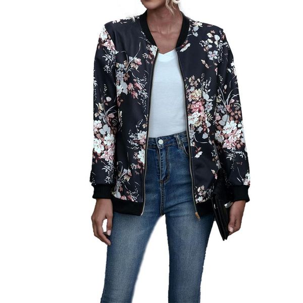 

women printed jacket fashion zipper floral print coat stylish long sleeve for shopping daily wear 2021 spring autumn warm, Black;brown