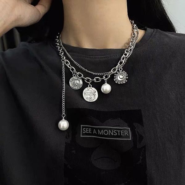 

pearl necklace women ins fashion hip-hop net red multi-layer overlay design cool wind clavicle chain, Silver