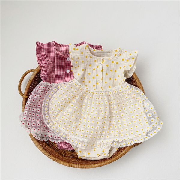 

новорожденный день рождения ромпер набор малышей летние одежды baby girl fly sleeve dot / plaid ромпер + цветочные daisy пластинчатые эпикир, Blue