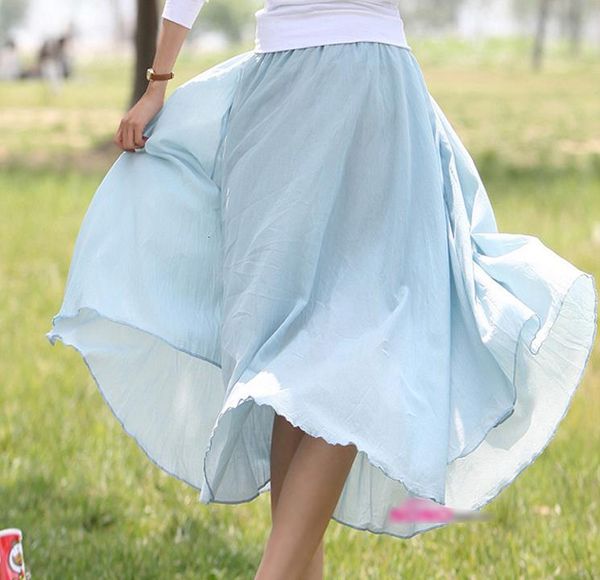 

2021 new summer bohemia solid color soft cotton pleated long casual brief expansion bottom umbrella women skirt b5v9, Black