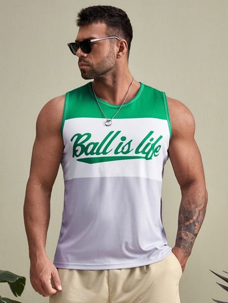 

extended sizes men letter graphic color block tank l53y#, White;black