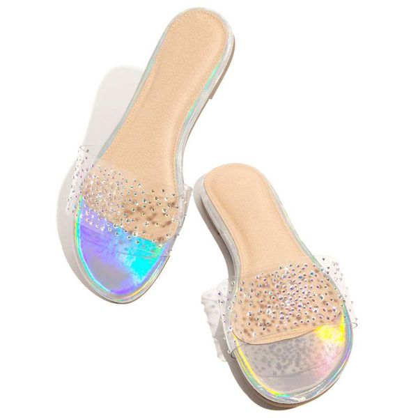 

slippers 2021 summer fashion women bling crystal flat outdoor low clear heels beach slides sparkly sandals shoes plus size 41 42, Black