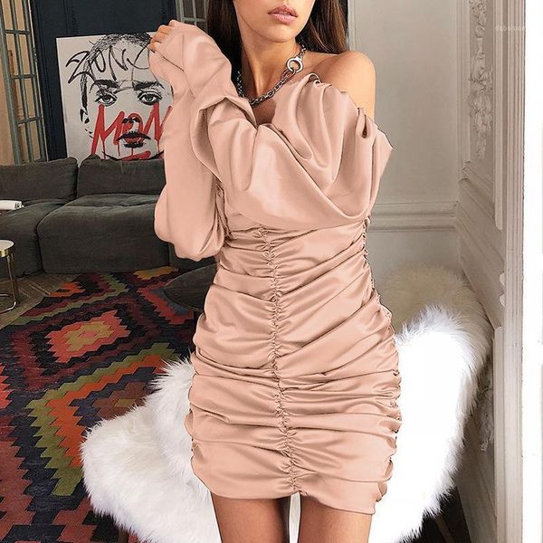 

2021 long puff sleeve slash neck satin pleated mini dress autumn winter women solid party elegant streetwear outfi1, Black;gray