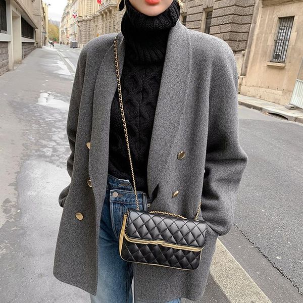 

ewq] 2020 winter ofice lady turn-down collar long-sleeved double breasted minimalist solid color woolen suit coat 8d892, Black