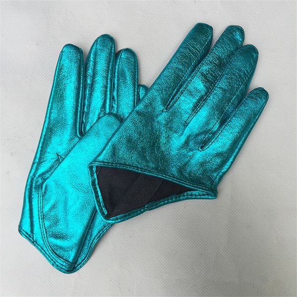 

female patent leather style women pu short gloves genuine sheepskin unlined french gothic rock, Blue;gray