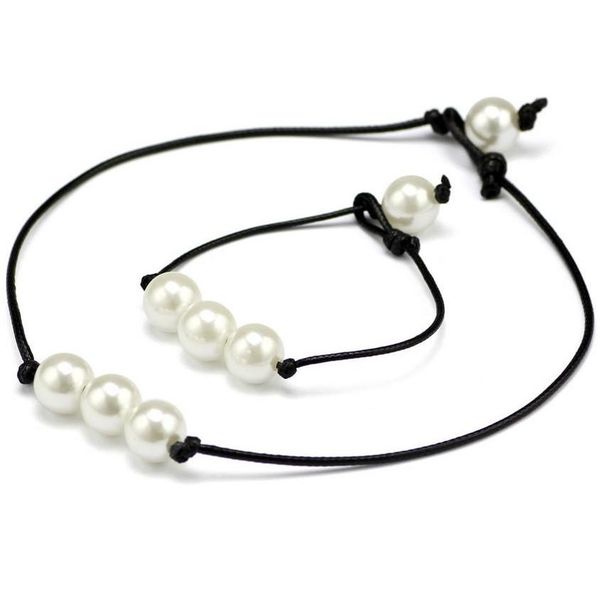

women fashion pearl necklace jewelry white pearl black leather rope cord choker necklace choker slip knot imitation wmtfxw luckyhat, Silver