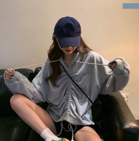 

x88pn south korea 2020 style autumn design sense drawstring women's korean new sweater loose lazy style gray hooded sweater fashion s, Black