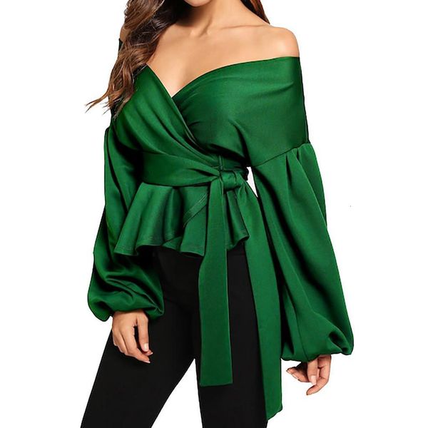 

green elegant office lady solid off shoulder lantern sleeve surplice peplum blouse autumn workwear women and blouses #b, White