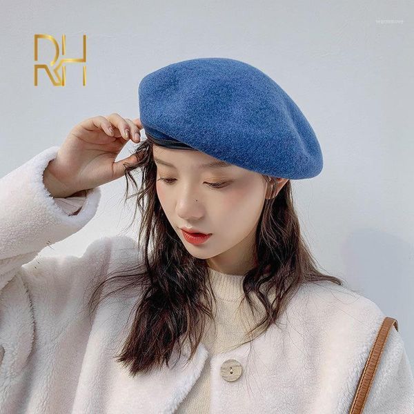 

female autumn and winter women large size beret hats solid color wool painter hat pu brim army hat rh1, Blue;gray