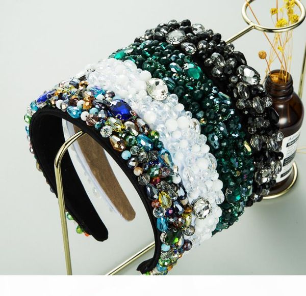 

european and american new baroque white green crystal hand sewn fabric hair band fashion drill headband, Black;brown