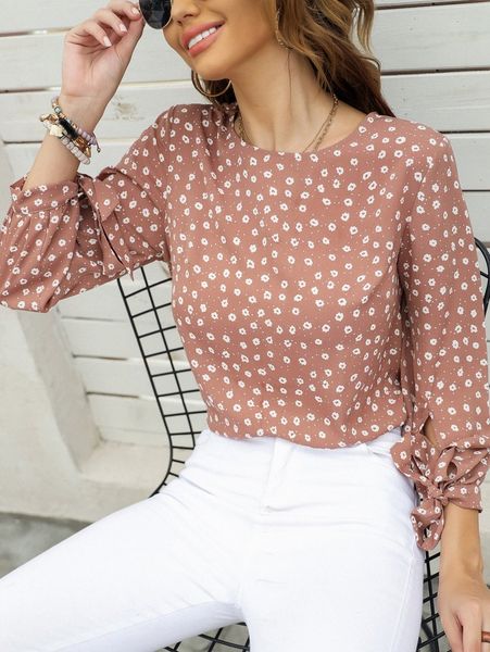 

ditsy floral keyhole back knot cuff blouse z4qd#, White