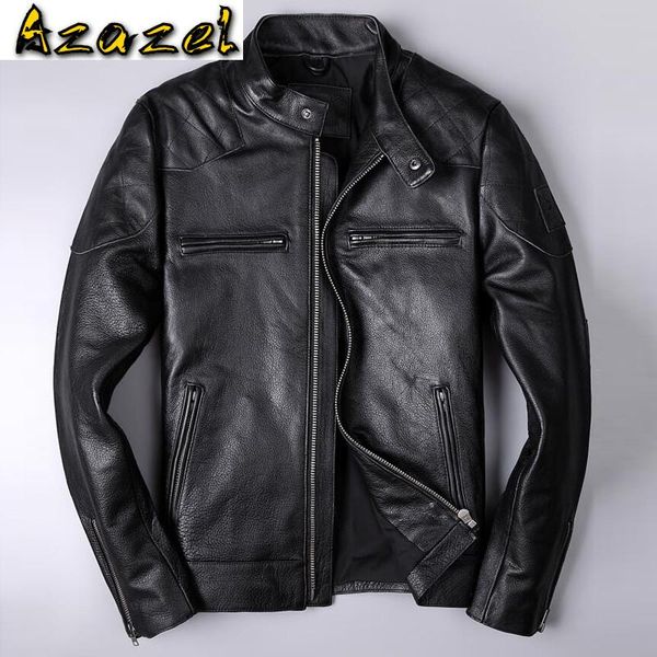 

name brand men genuine leather jackets xxxl cow leather baseball jackets and coats slim fit biker cow streetwear, Black