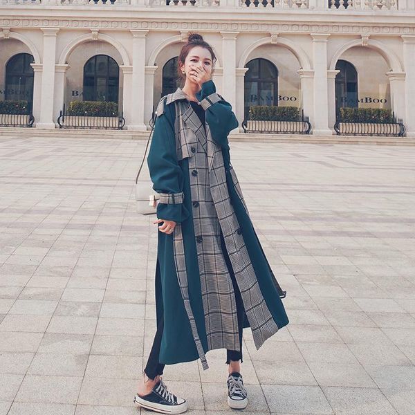 

women's trench coats women coat autumn vintage double breasted loose casual splice plaid long windbreaker female elegant overcoat, Tan;black