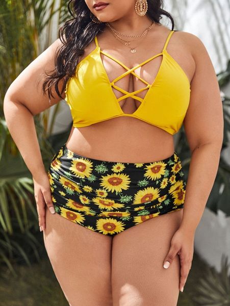 

plus sunflower print ruched bikini swimsuit g2ur#, Black