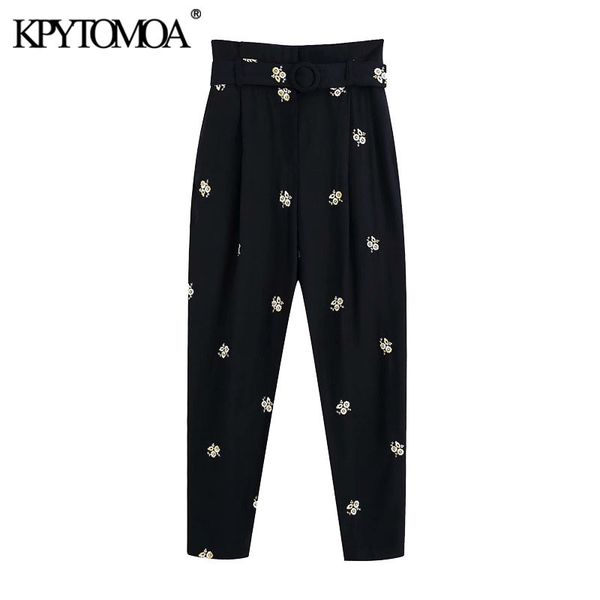 

kpytomoa women chic fashion floral embroidery with belt pants vintage high waist zipper fly female trousers pantalones 201031, Black;white
