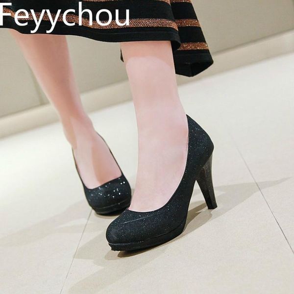 

women pumps super high heels round toe slip on platform thick heel sequined cloth 2021 new fashion black big size 34-46