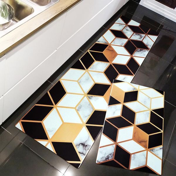 

european style geometric diamond kitchen pvc leather mat black and white grid strip carpet non-slip door mat ins leather rug1