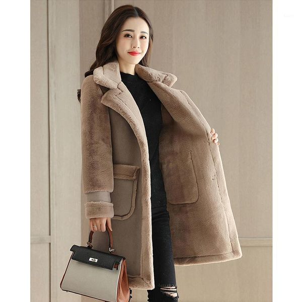

new winter lamb wool casual women asian size jackets with underbutton female long thick deerskin velvet woolen jackets1, Black