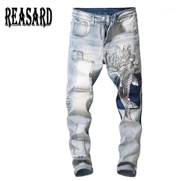 

men's vintage carp embroidery patchwork jeans slim fit straight stretch denim pants1, Blue