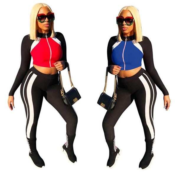 

2 pieces sets stretchy tracksuits zipper crop high waist legging sportwear new women casual fitness patchwork matching set, Gray