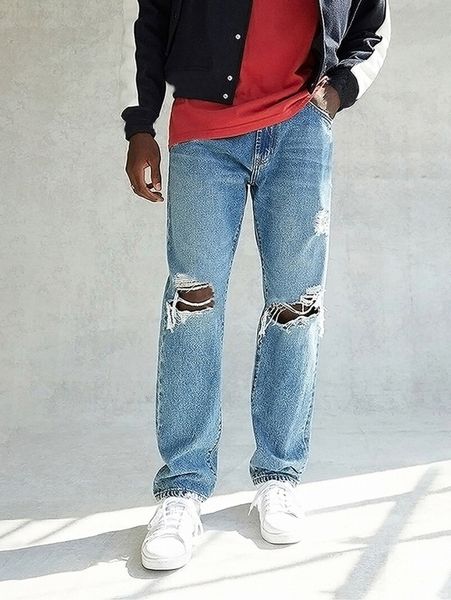 

men ripped straight leg jeans u84z#, Blue
