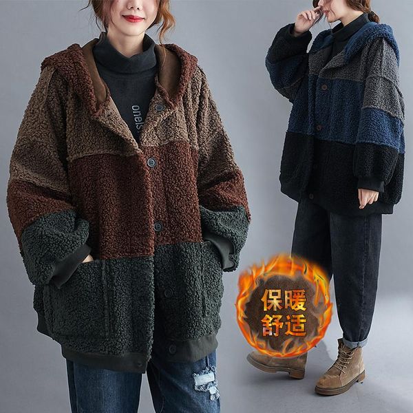 

women's fur & faux 2021 winter coat women elegant oversize reversible wear fleece hooded teddy jackets plus size outerwear female, Black