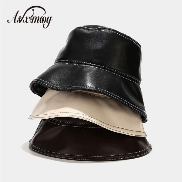 

wide brim hats 2021 autumn winter bucket hat women faux leather british style retro pu fisherman caps fashion panama sun basin chapeau, Blue;gray