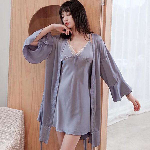 

2pcs sleepwear women suspender nightdress set summer thin nighty&robe set bath gown casual loose satin intimate lingerie1, Black;red