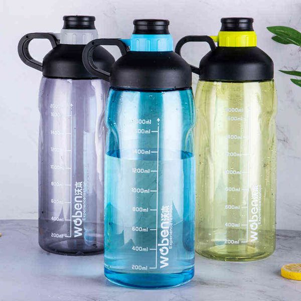 1500 ml / 2000 ml Bottiglie d'acqua sportive di grande capacità Palestra a prova di perdite Sport Shaker Bottiglie per bevande Campeggio Ciclismo Borraccia Y1223