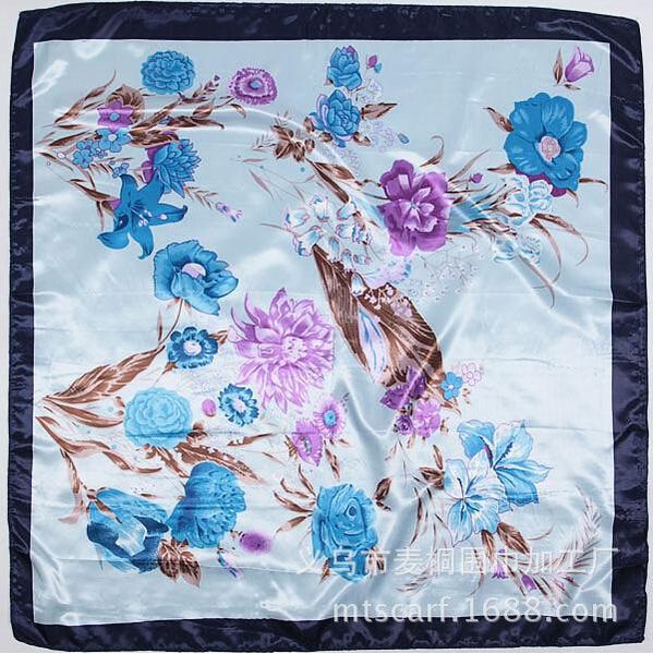 

scarves 90cm*90cm women simulation silk floral print scarf towel large square, Blue;gray
