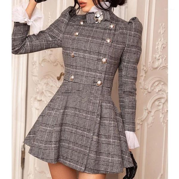 

new fashion autumn winter vintage women slim mini dress elegant plaid puffed sleeve ruffles dress1, Black;gray