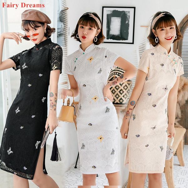 

cheongsam dress short sleeve 2020 summer embroidery black white lace modern chinese dress qipao plus size vestido chino mujer1, Red